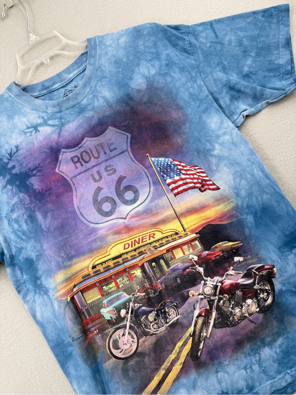 The Mountain T-shirt Route 66 Patriotic Motorcycle Diner Adult XL Blue Tie-Dye